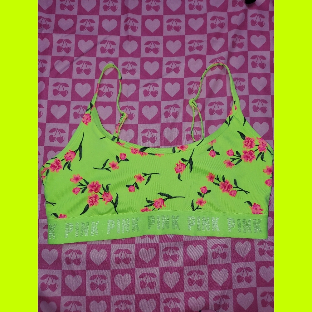 Victorias Secret PINK Neon Green Floral Sports Bra